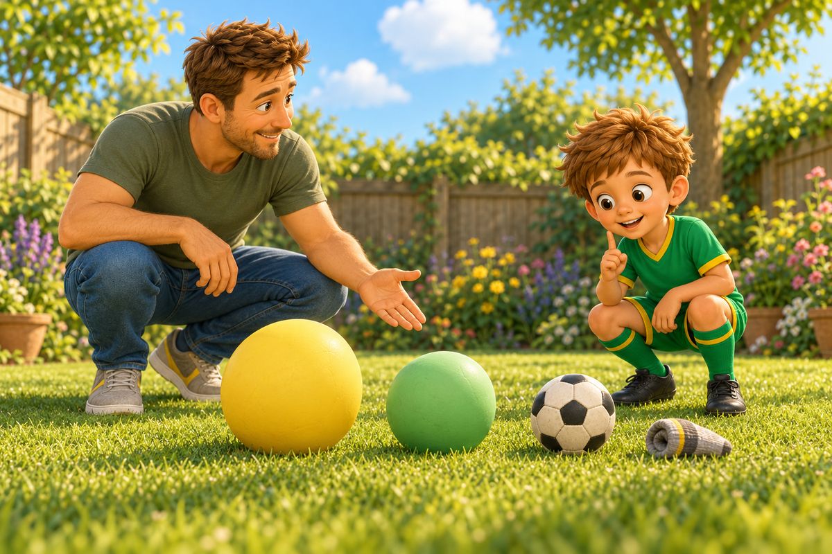 Three balls in a row on the grass, from a big pale-yellow soft ball to a medium soft ball to a small leather ball, with a rolled-up sock beside the smallest and a dad and boy crouching to look.