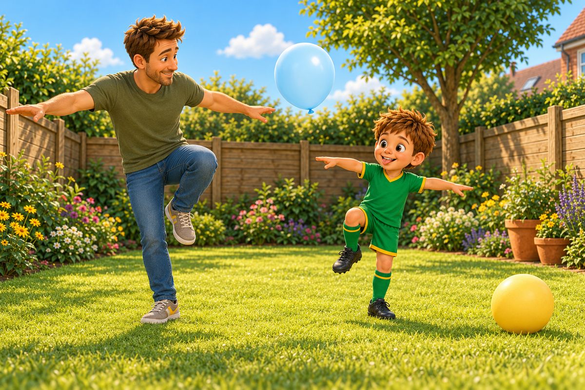 A dad and his boy each standing on one foot with arms out, smiling, with a balloon floating between them and a big soft ball resting on the grass nearby.