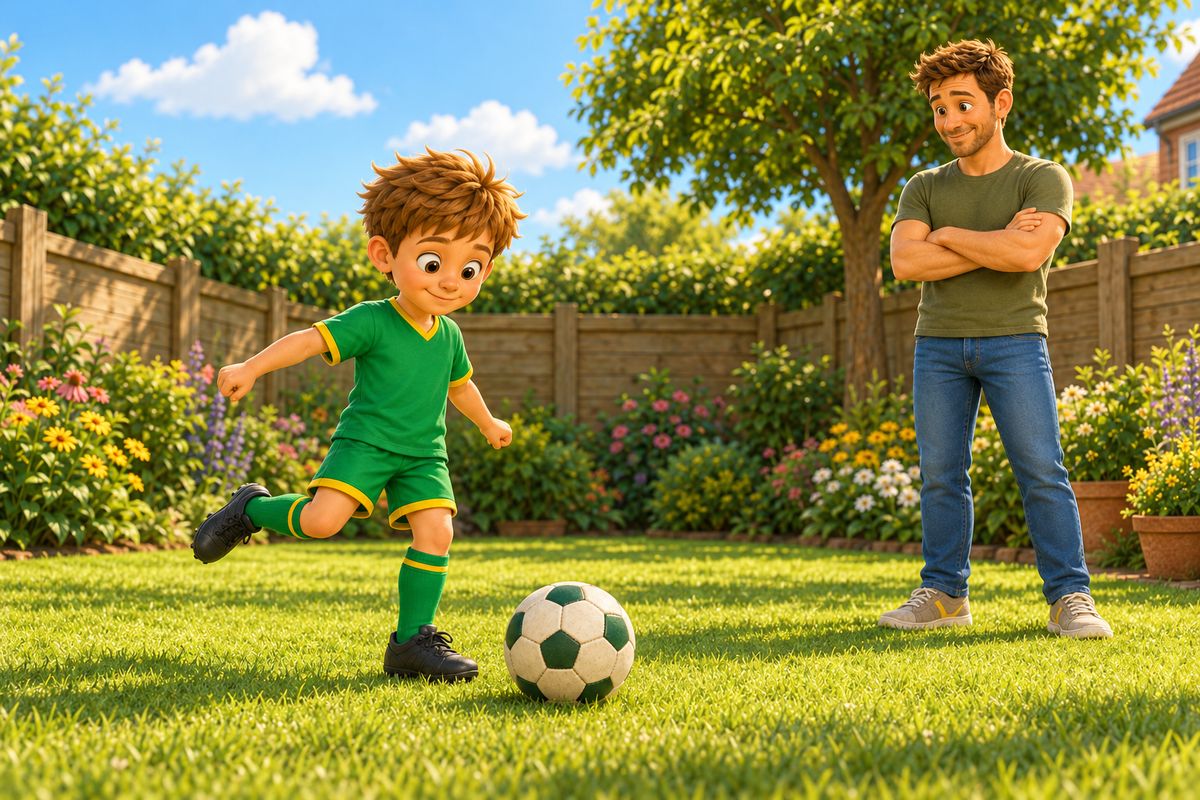 A boy stands with one foot beside a ball on the garden lawn, about to kick it, while his dad watches calmly from a few paces away.