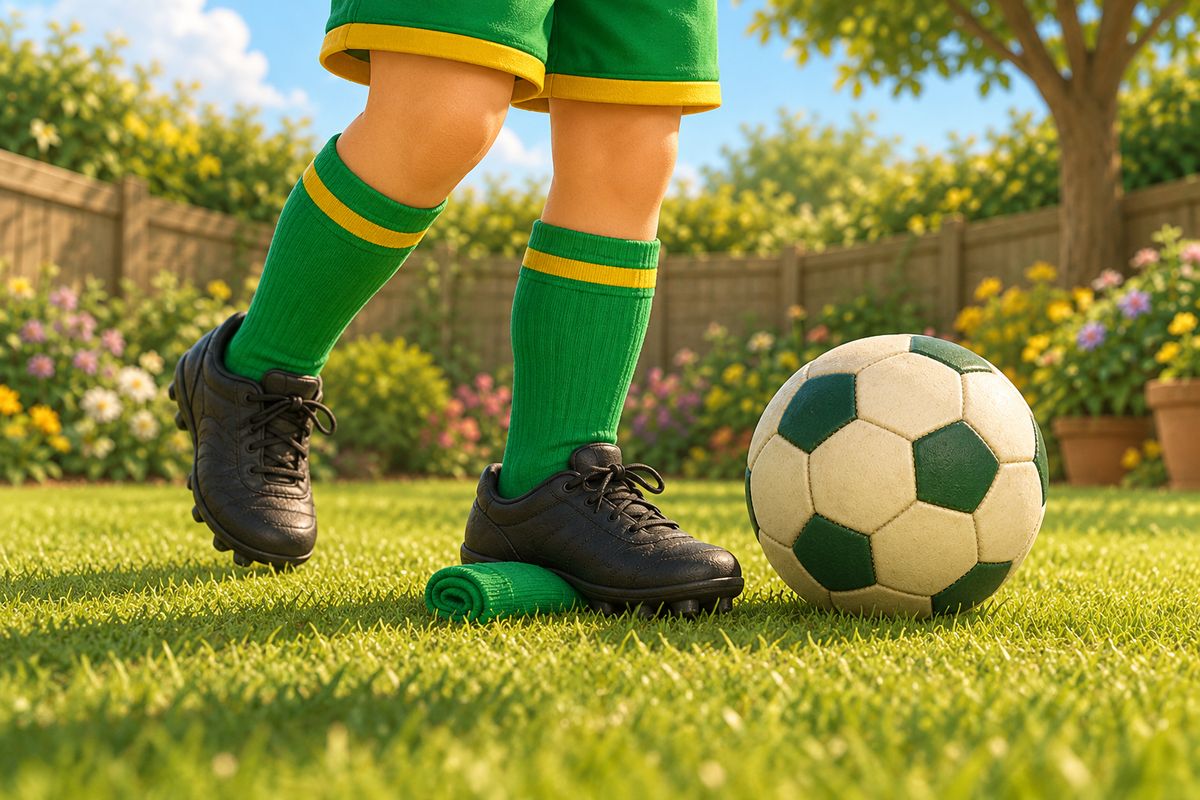 Close view of a boot planted on the grass a hand's width beside a ball, with a rolled-up sock lying on the lawn as a marker.