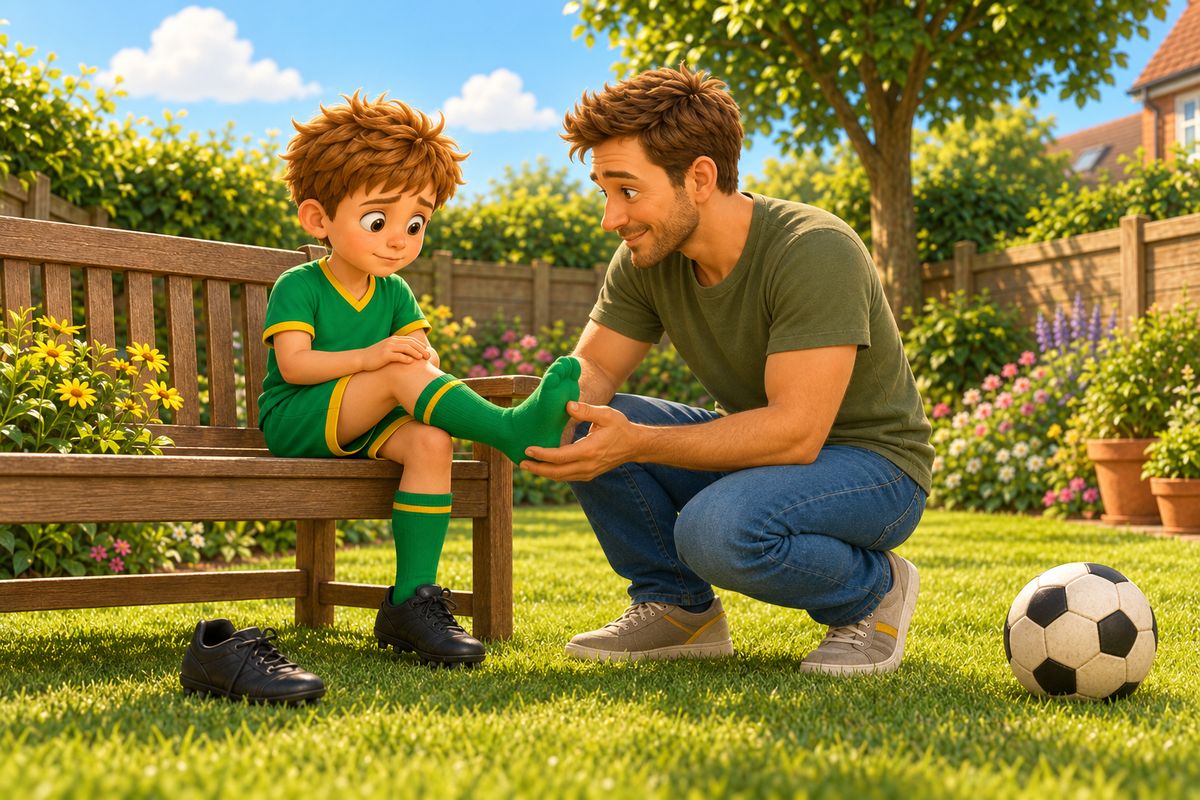 A dad crouches beside his son on the garden bench as the boy holds up a sock-covered foot after taking one boot off to check his toes.
