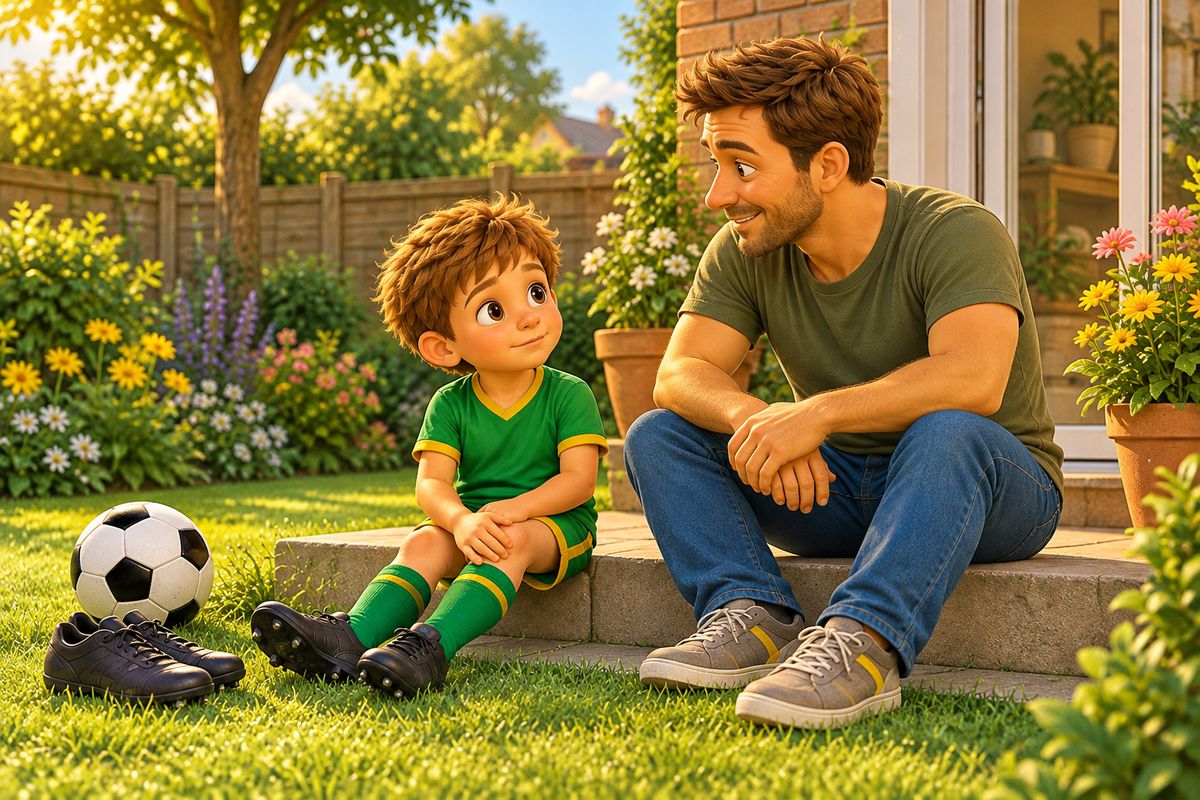 A dad and a boy sit on the back step in the evening, the boy resting a hand on his knee while a football sits beside them.