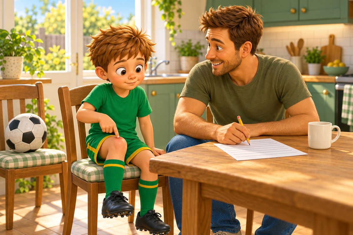A dad and a boy at a kitchen table with a blank sheet of paper and a pencil, getting ready to jot down notes for the doctor.
