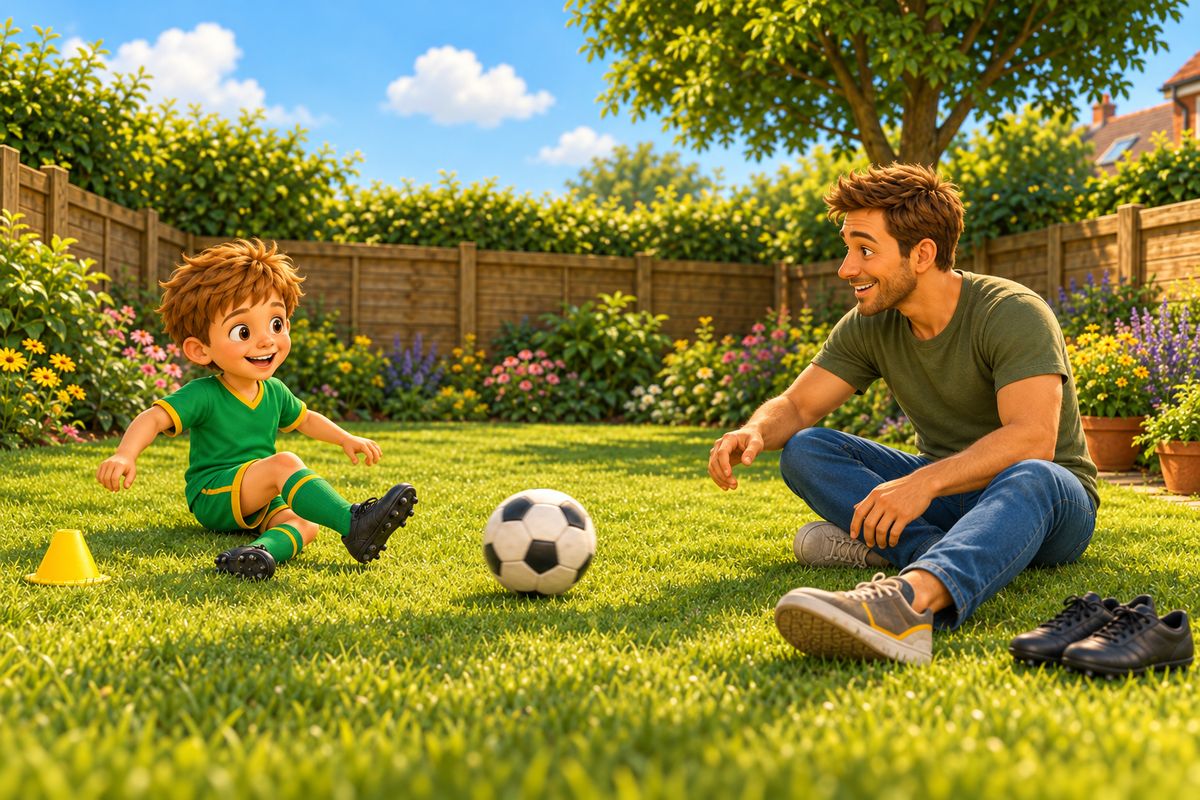 A dad and a boy passing a ball gently to each other from sitting positions on the lawn.