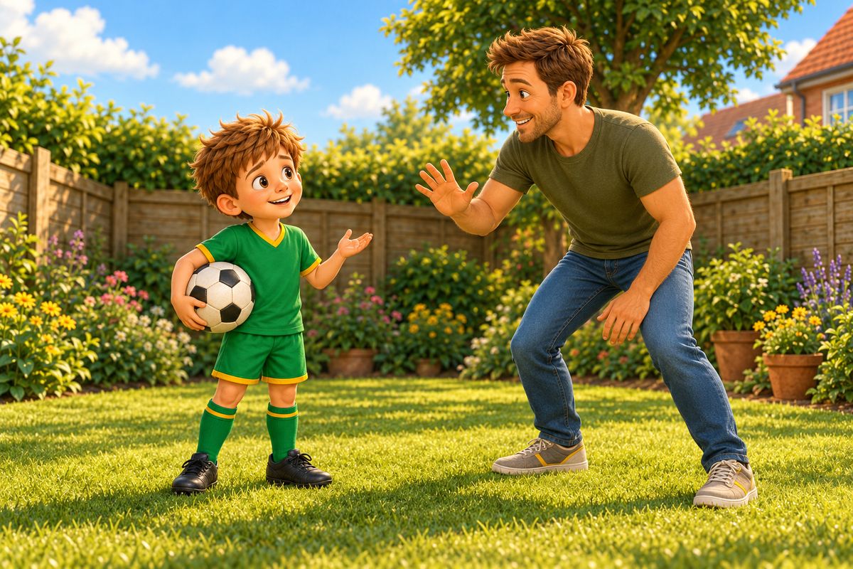 A dad stands a few steps from a boy on a garden lawn, one hand raised in play, while the boy holds a small ball under his arm and practises asking to join.