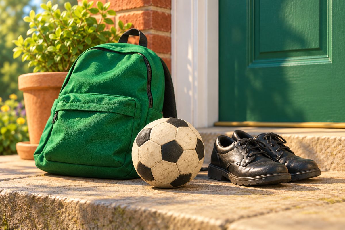 A small football on a doorstep beside a school bag and a pair of school shoes.