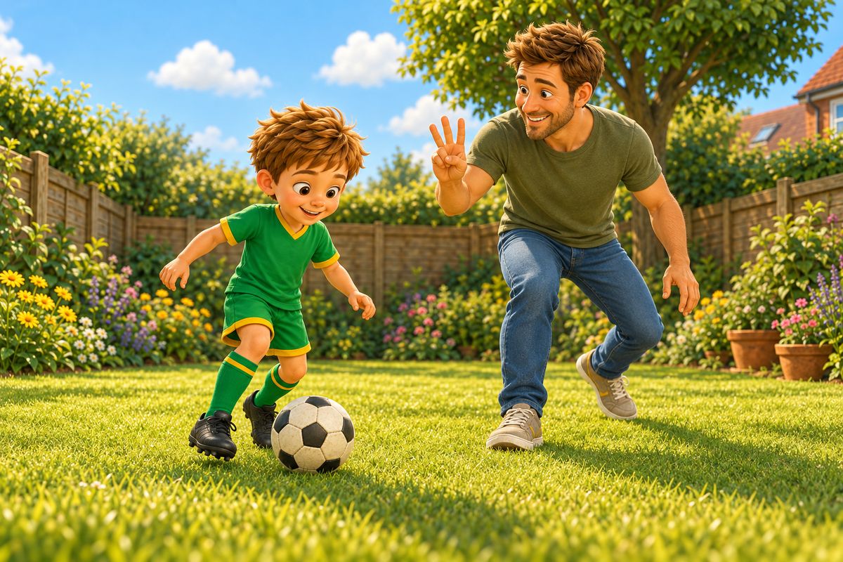 A boy dribbles along the lawn with his eyes on the ball while his dad ahead holds up three fingers.