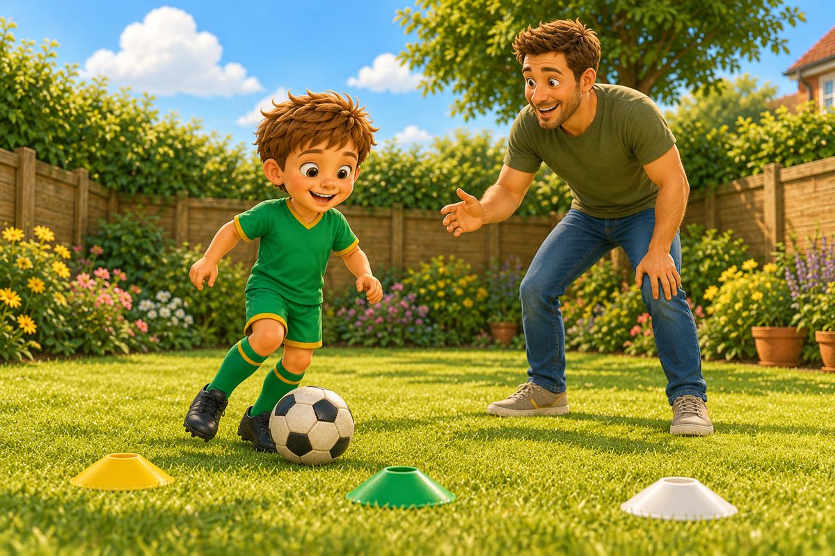 A boy dribbles past three coloured caps on the lawn while his dad stands by calling a colour.