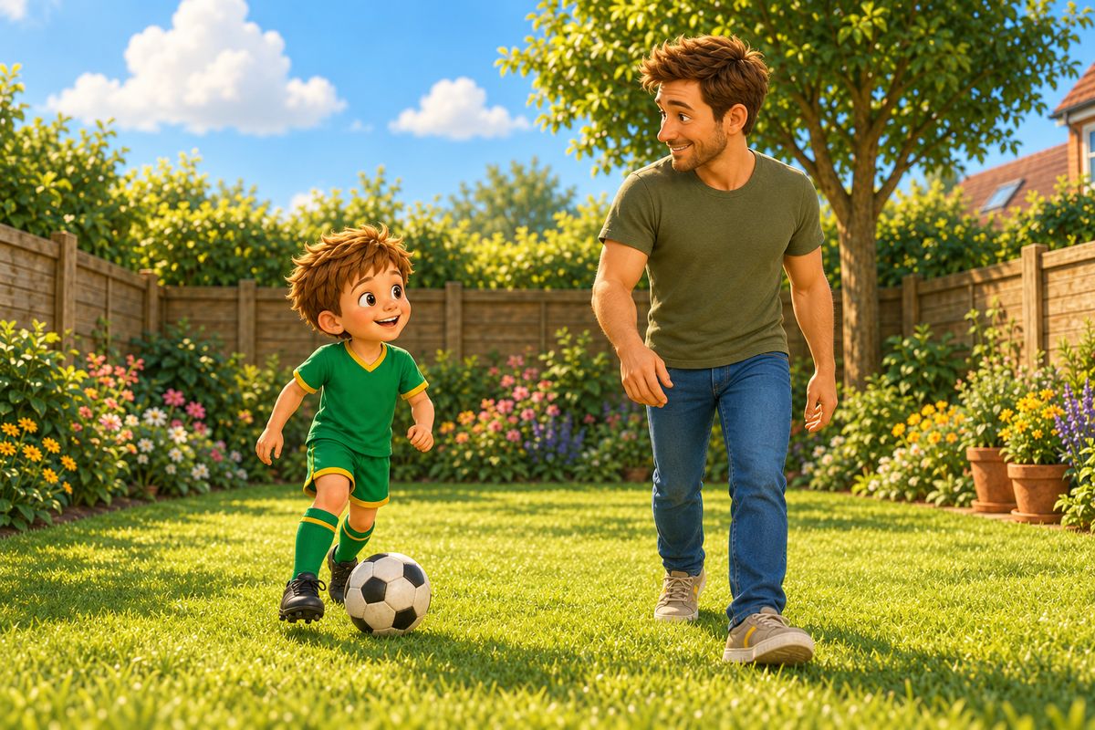 A boy glances up while the ball stays at his feet and his dad strolls past as a moving obstacle.