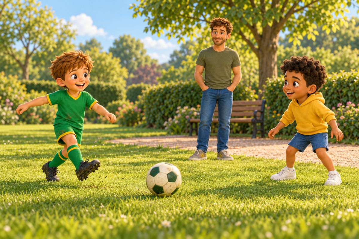 Two children pass a ball to each other on a park lawn while a dad stands a few metres back on the path with his hands in his pockets.