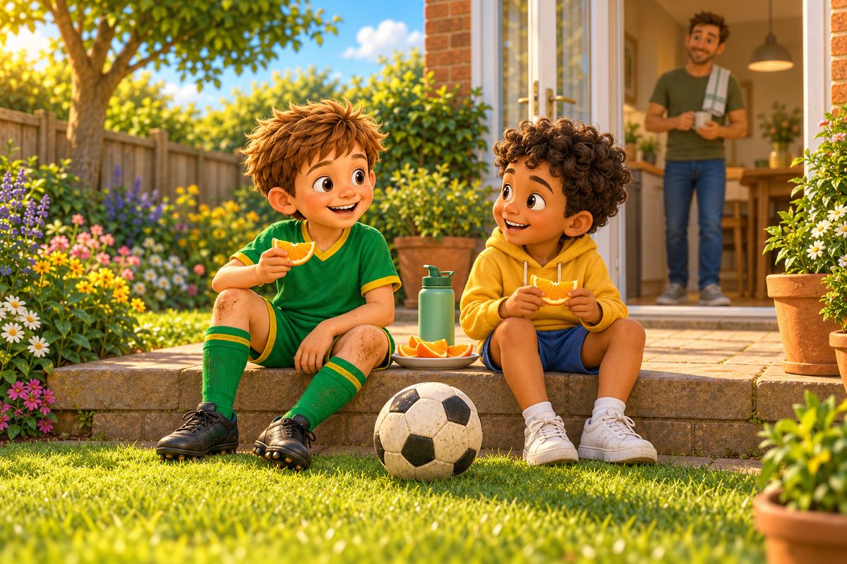 Two children sit side by side on a back-garden step sharing orange slices with a ball between them while a dad is visible through the open back door.