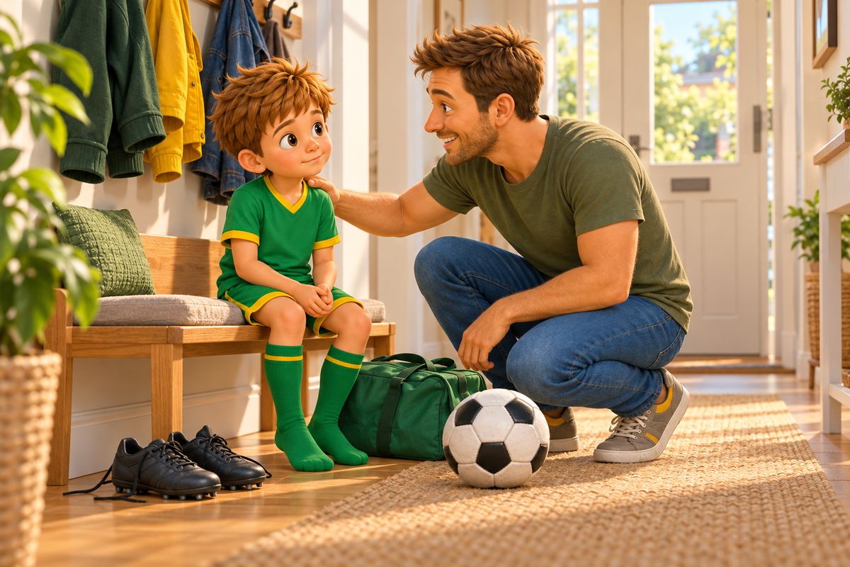 A dad crouches beside a boy in football kit sitting on a hallway bench, one hand resting calmly on the boy's shoulder, a kit bag at their feet.