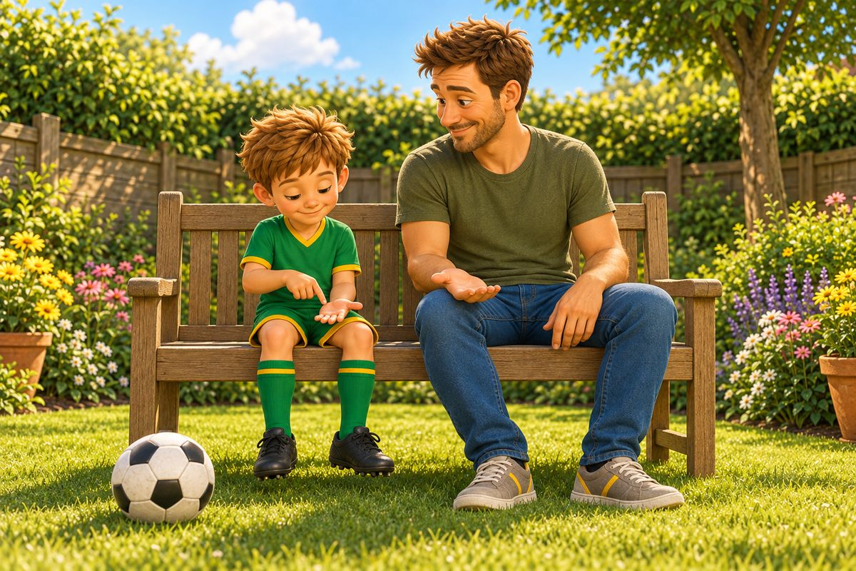 A dad and boy sit side by side on a garden bench, the boy tracing a finger up the outline of his open hand while they breathe slowly.