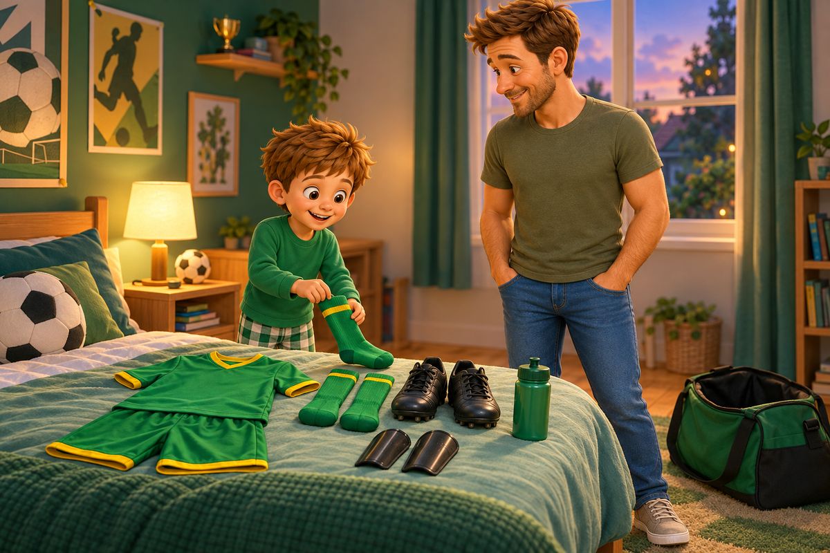 A dad and boy lay football kit, shin pads and a water bottle out on a bed, smiling and relaxed the evening before a match.