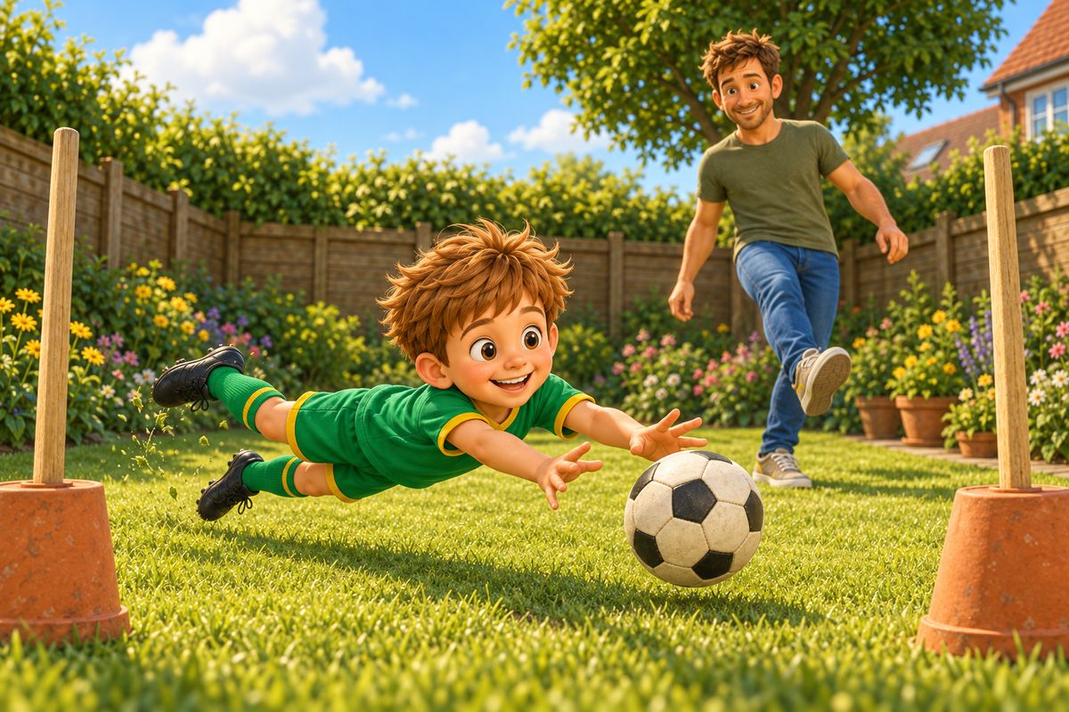 A boy diving to make a goalkeeping save in a small UK garden goal, focused and delighted, while a dad stands a short distance away having just taken the shot.
