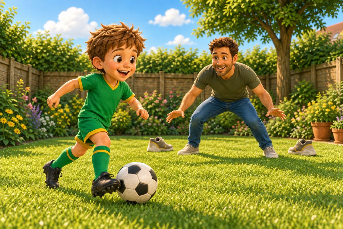 The same boy now playing outfield with visible enthusiasm, dribbling the football toward a goal while the dad stands in goal instead.