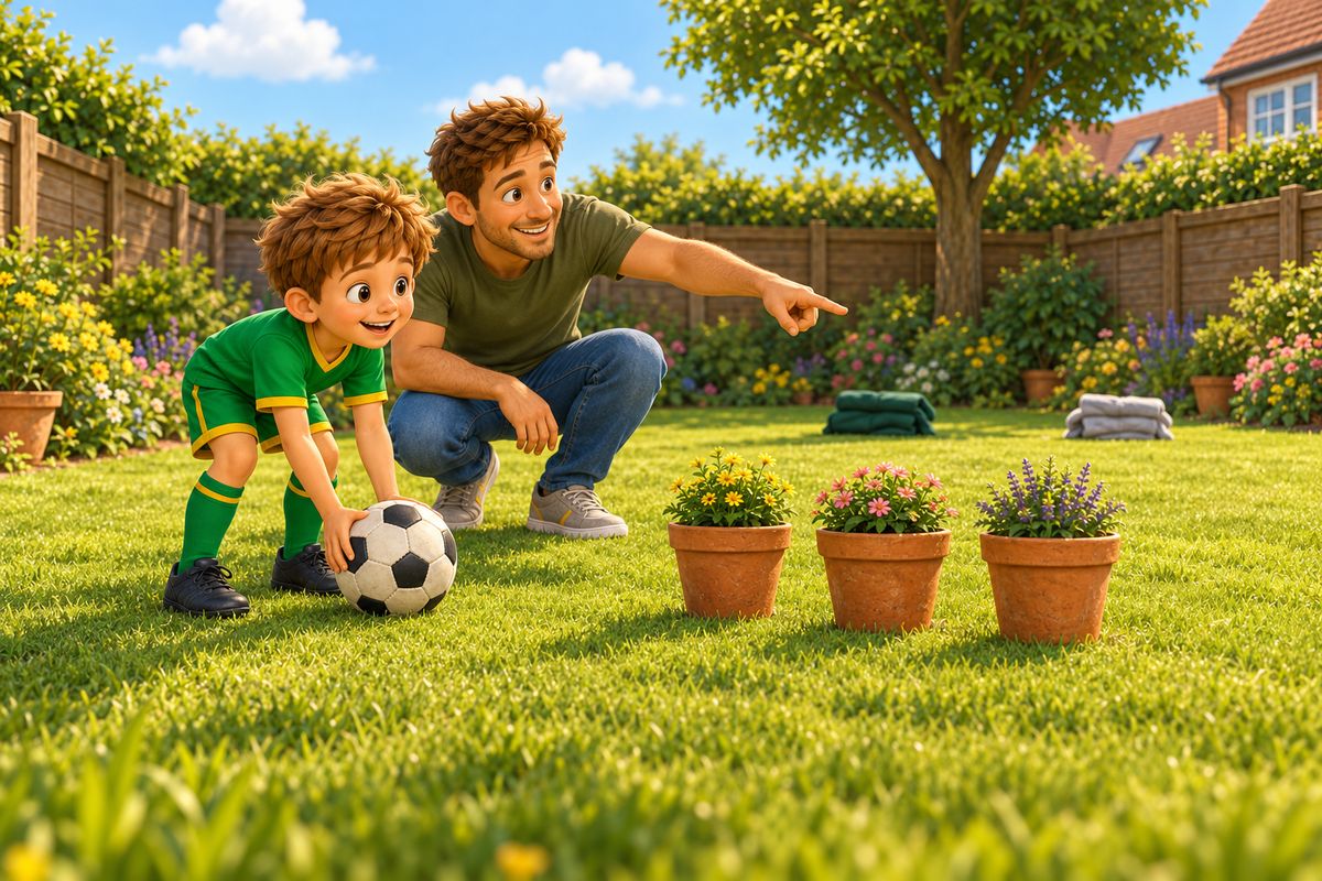 A boy sets a ball down for a free kick on a lawn, with two jumpers for goalposts and three plant pots lined up as a pretend wall (the safety note below says to clear plant pots from the garden first), while his dad crouches beside him pointing at the gap between the posts.