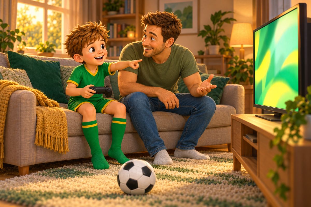 A dad and a boy sit side by side on a sofa in a living room, the boy holding a game controller and pointing at a television while his dad leans in with a curious look.