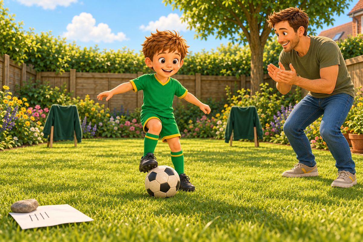 A boy shows a foot trick over a ball on the lawn while his dad claps, with a scrap of paper held down by a stone nearby for keeping score.