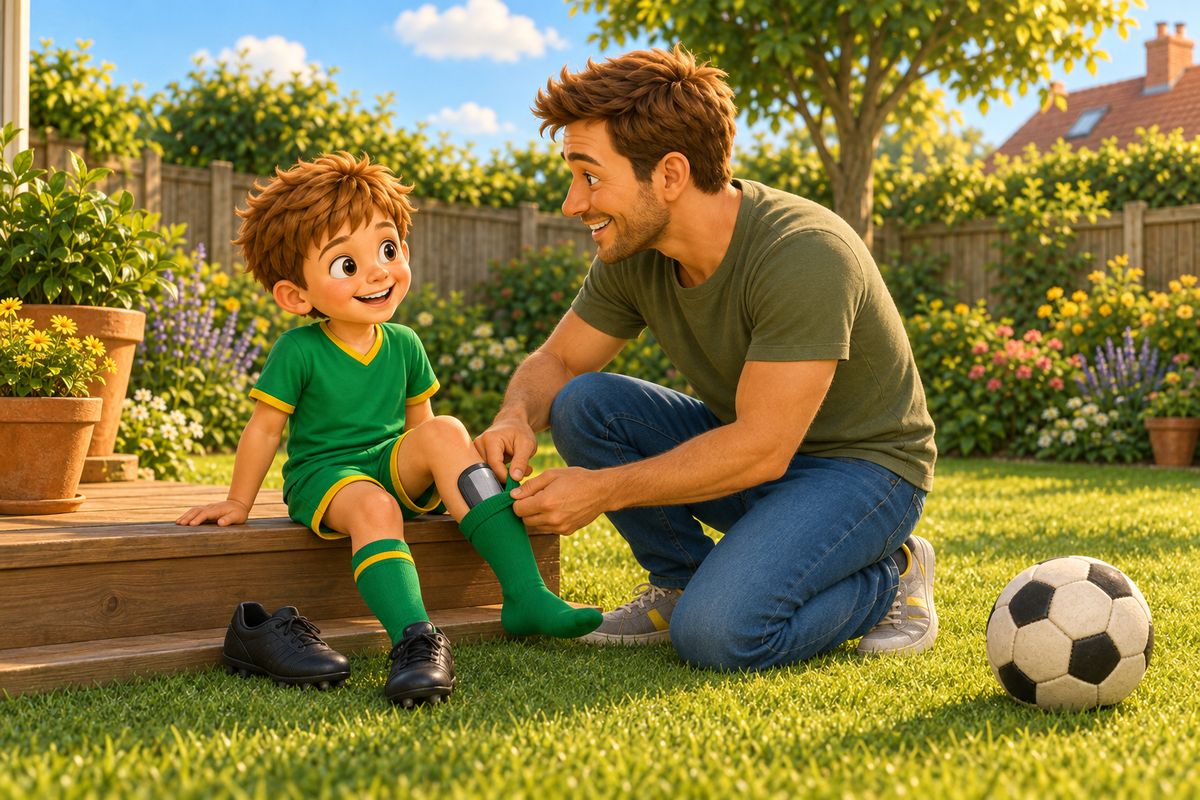A dad kneels beside a boy sitting on a garden step and helps him pull a green football sock firmly up over a shin pad, a football resting on the lawn nearby.