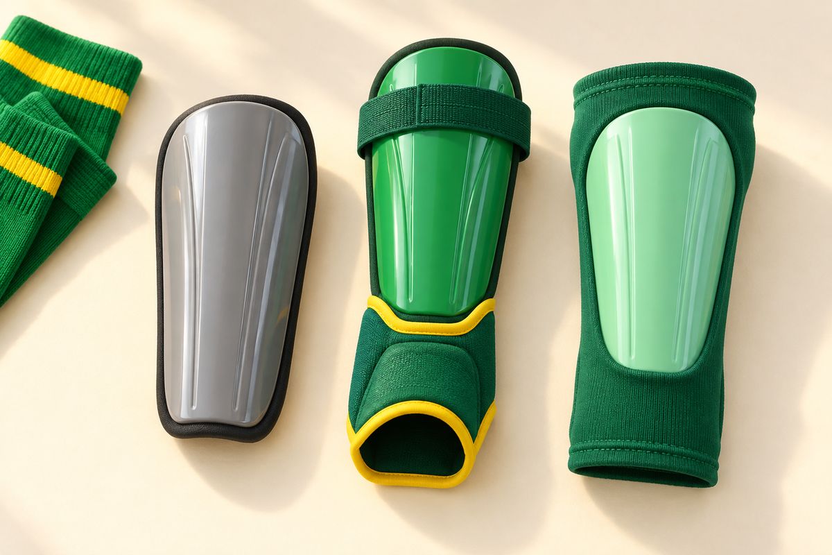 Three children's shin pad styles laid side by side on a plain surface: a slip-in pad, a pad with an ankle guard and a pad with a snug sleeve.