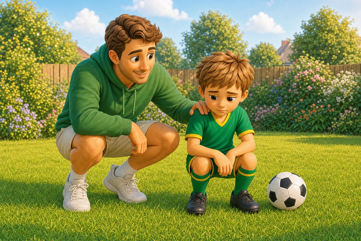 Cartoon dad crouching at his son's eye level with a gentle hand on his shoulder, the boy looking a little downcast but not distressed