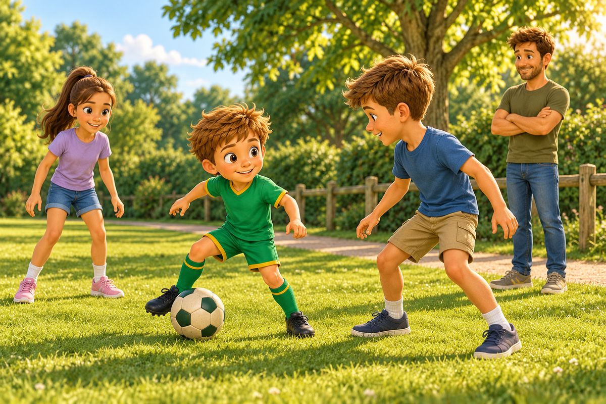 A small boy stands side-on to a taller child with the ball at his far foot in a friendly park kickabout while a dad watches calmly from a few steps back.