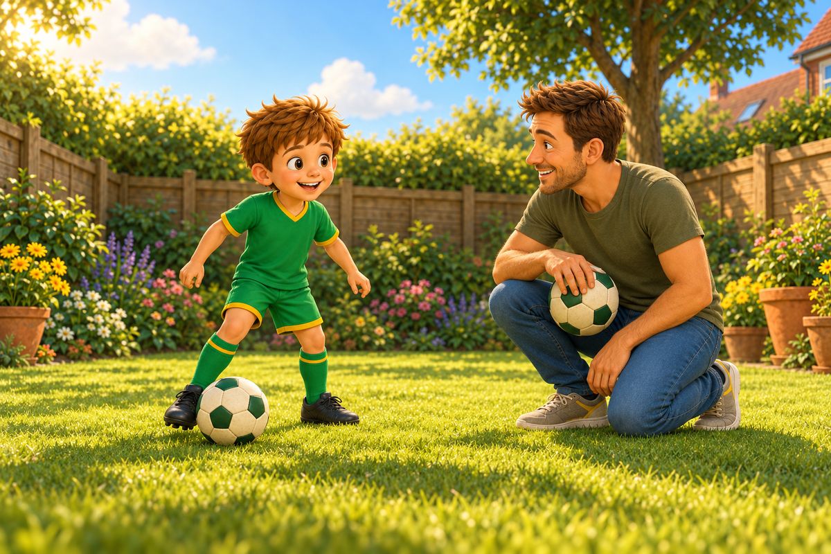 In a garden a boy stands side-on with his head up and the ball at his far foot while a kneeling dad a few steps away holds a second ball and smiles.
