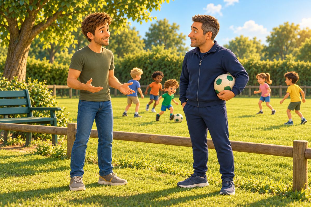 A dad and a friendly adult coach chat quietly at the edge of a community field while a small group of children play in the middle distance.