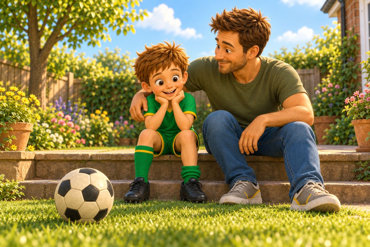 A dad and his boy sit on a garden step, the boy's sock rolled down, the ball resting on the lawn.