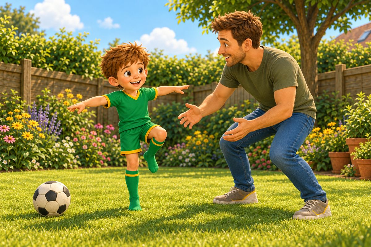 A boy hops on one leg on the lawn while his dad stands nearby with hands ready.