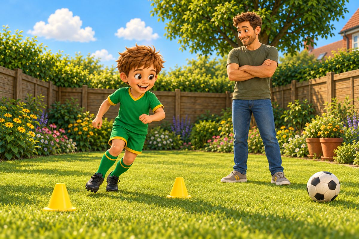 A boy jogs a slow zigzag around two cones on flat grass while his dad watches.