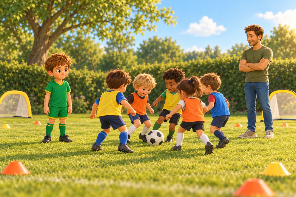 A boy stands still near the edge of a small grass pitch while a bunch of children crowd round the ball in the distance and a dad watches calmly from behind the touchline.