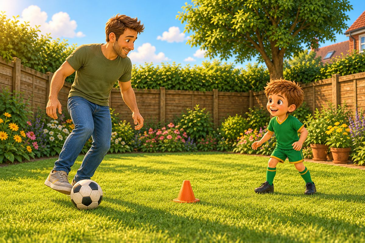 In a garden a dad dribbles a ball slowly across the lawn while a boy waits in an open spot a few steps away with a cone between them.
