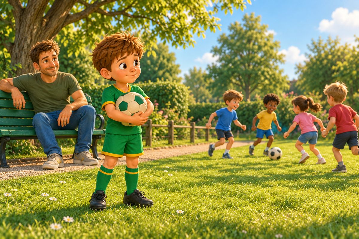 A boy holding his ball stands at the edge of a park lawn watching other children play football while a dad waits on a bench a few steps behind him.
