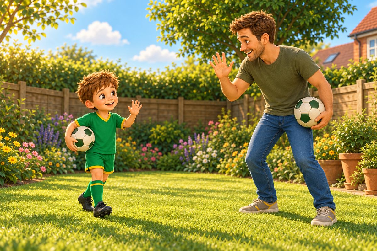 In a garden a dad holding a ball waves hello to a boy walking toward him across the lawn, rehearsing how to say hello to another child.