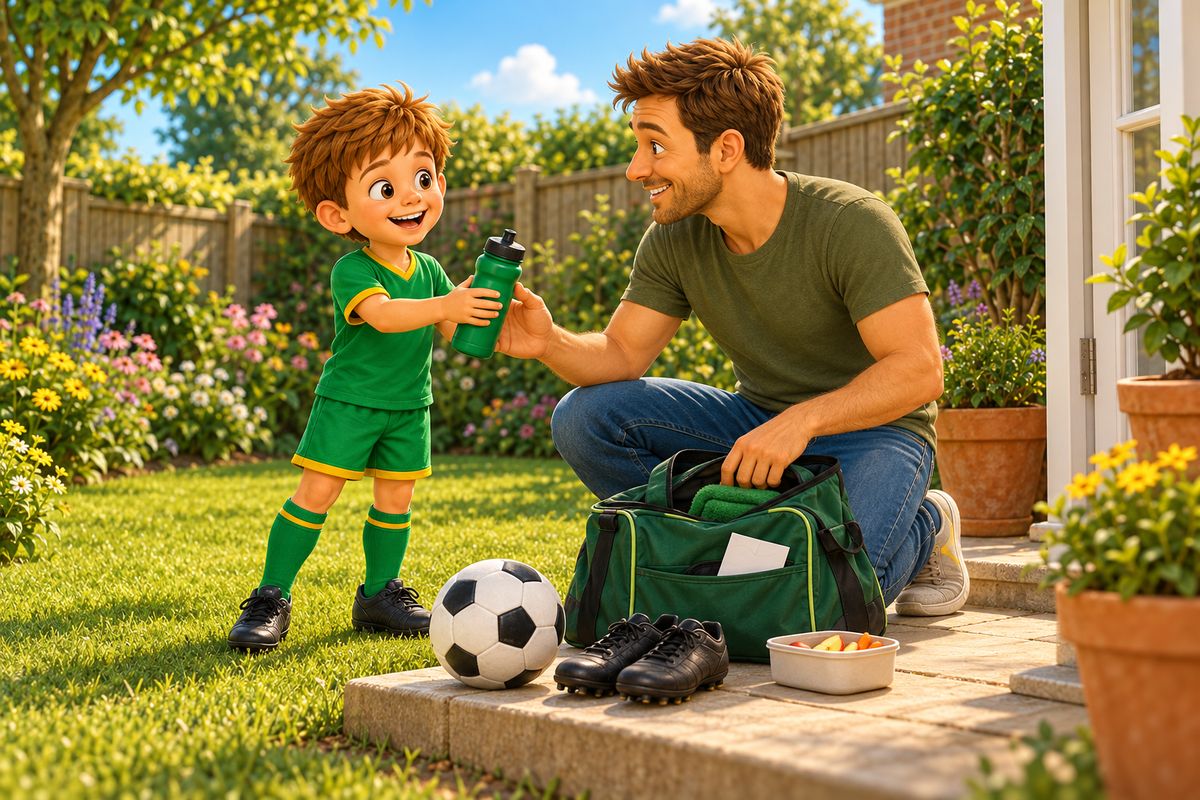 A dad and a boy pack a football bag together on the back step, with a drink bottle and boots ready beside them.
