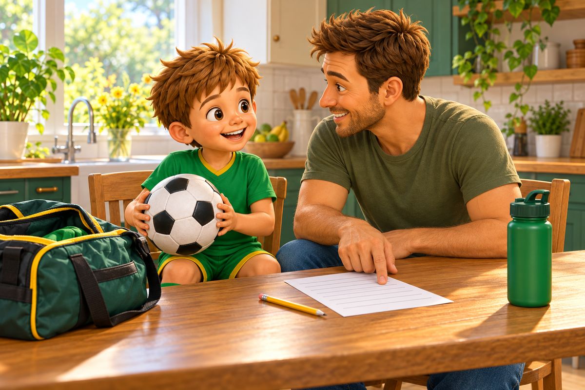 A dad and a boy at a kitchen table with an open football bag, a blank sheet of paper and a pencil.