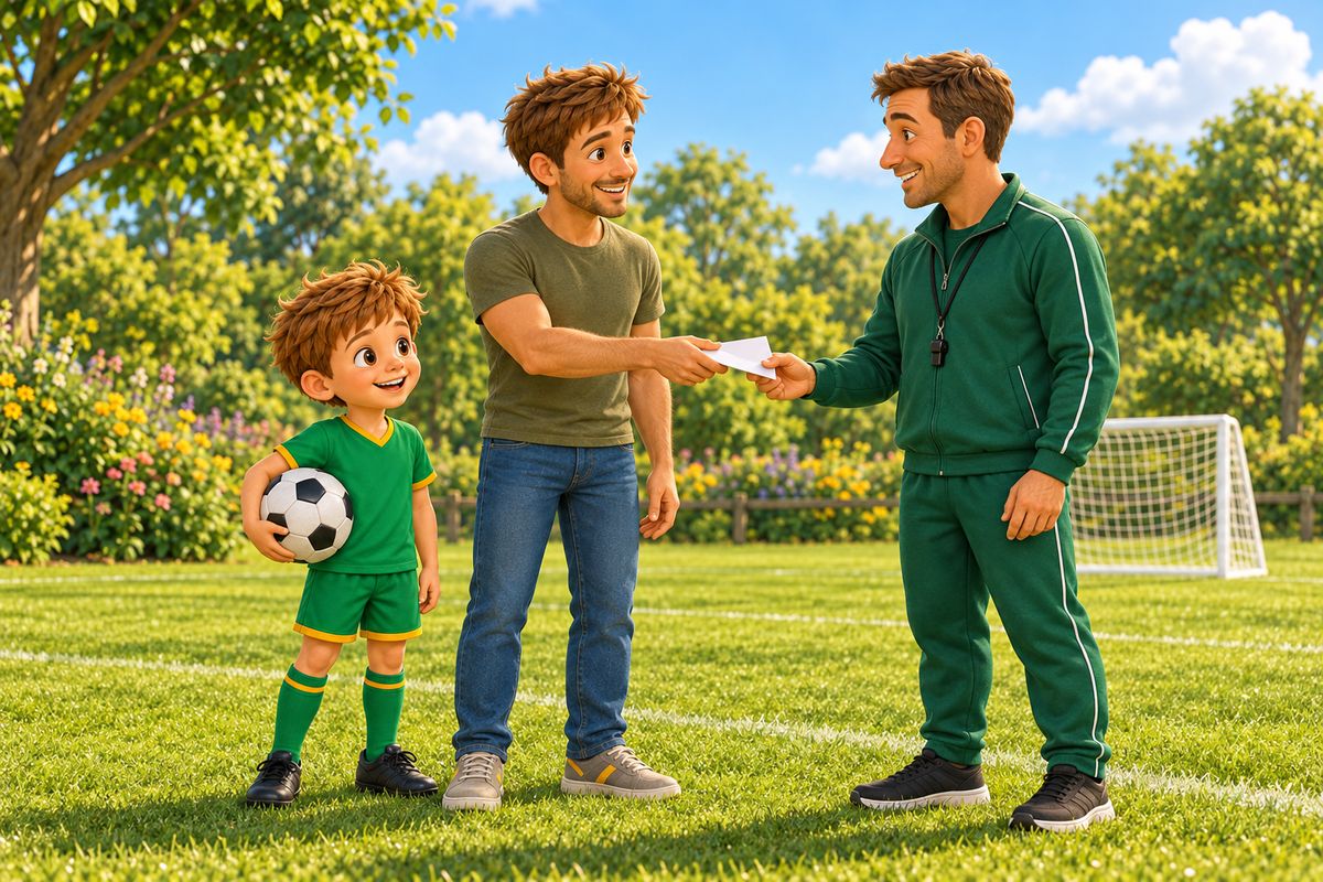 A dad hands a folded note to a friendly coach at the edge of a green pitch while a boy waits with a football.