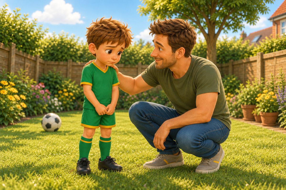 A dad crouched at a boy's eye level in a UK garden, one hand gently on the boy's shoulder, a football resting still on the grass beside them.