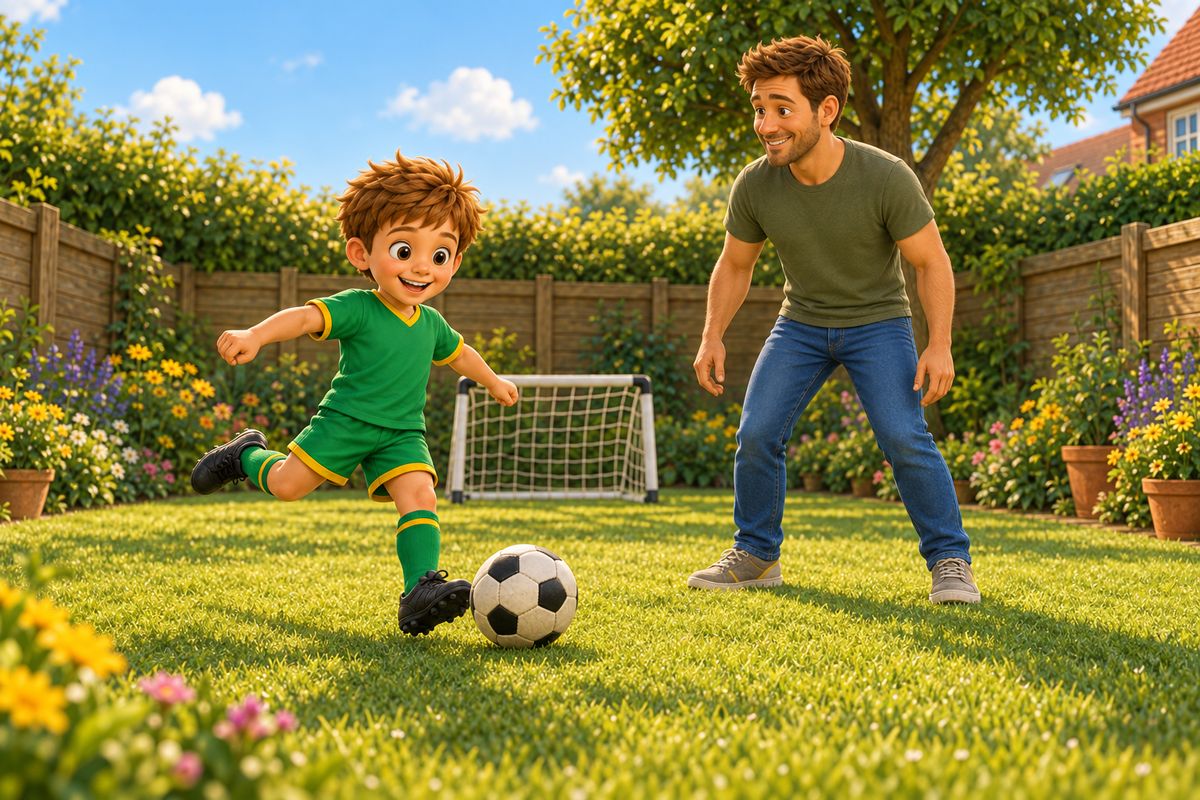 A dad and boy back on their feet in the garden a short while later, both smiling, the boy about to take another gentle shot.