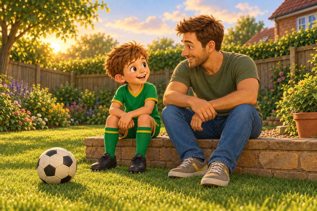 A dad and boy sitting together on a garden step, a football resting on the grass nearby but not being played with, both looking at each other in a quiet moment