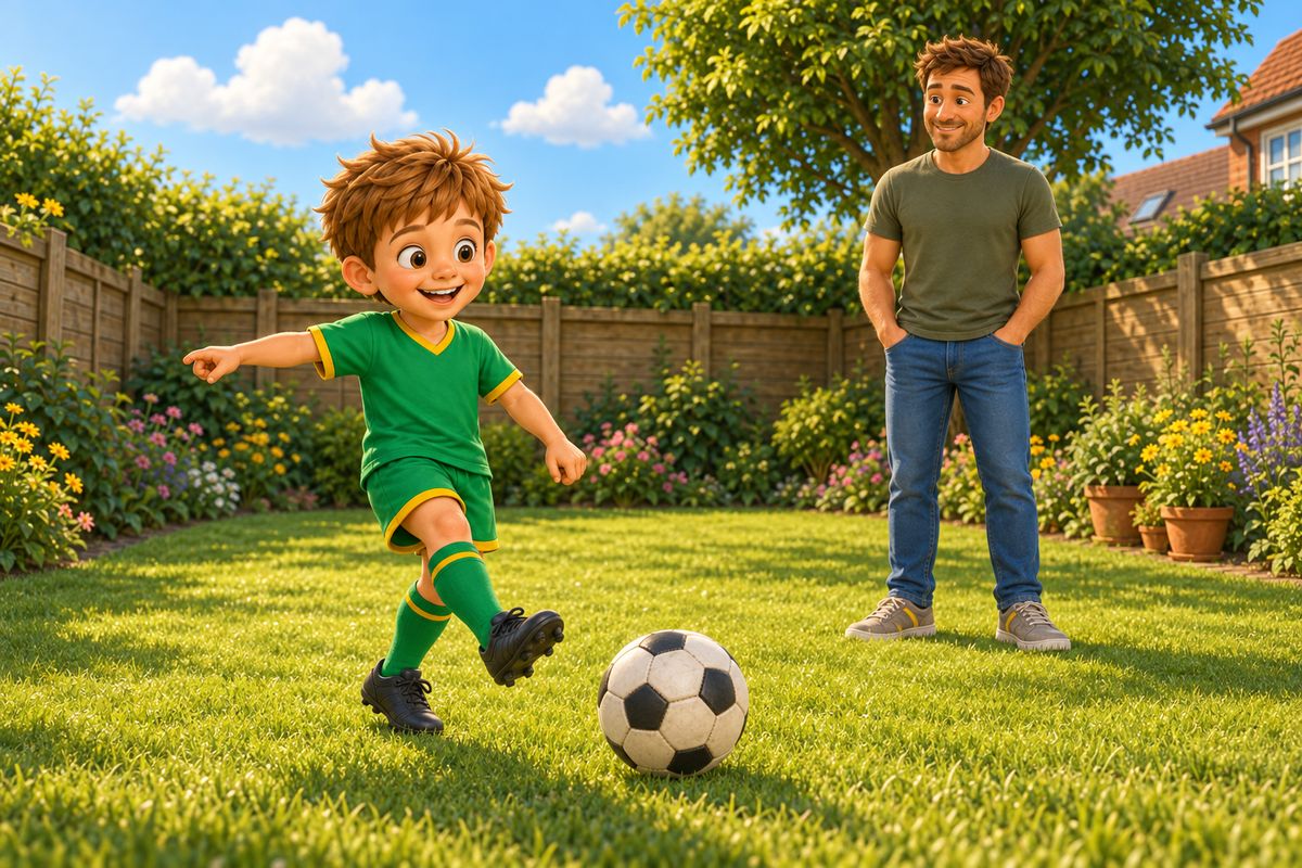 A boy giving a football a gentle, aimless kick with no goal or target in sight, dad nearby smiling