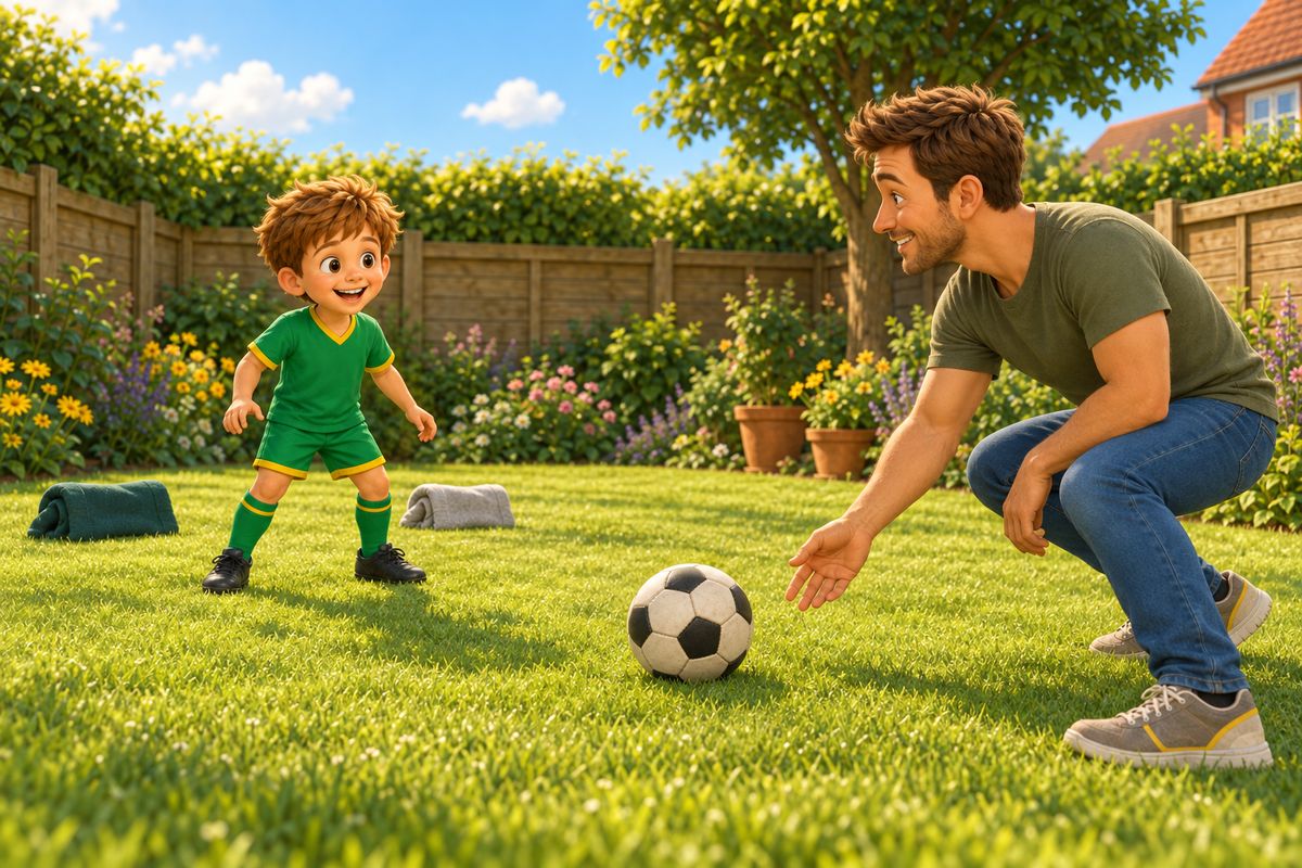 A dad rolls a football back along the grass to a smiling boy in a UK garden, with two jumpers laid on the lawn as a small goal behind them.