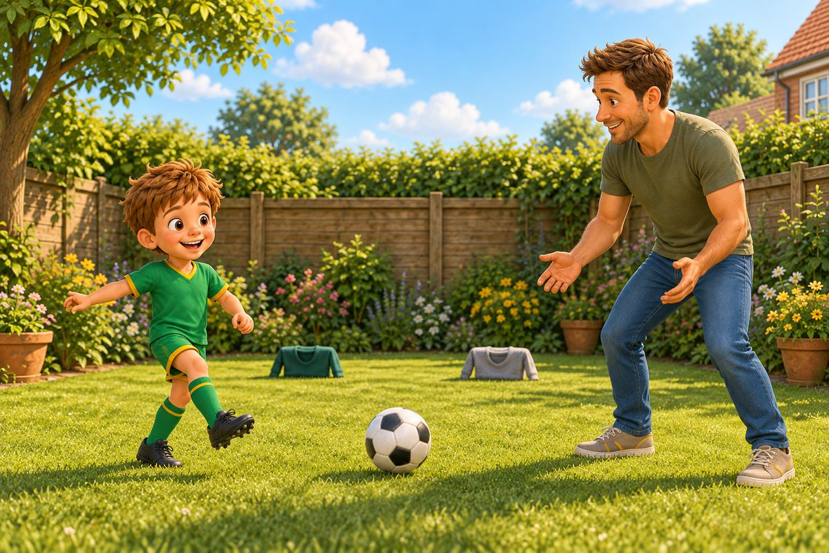 A boy passes a football along the grass to a dad standing a few steps away, near a small goal made of two jumpers, in a sunny UK garden.