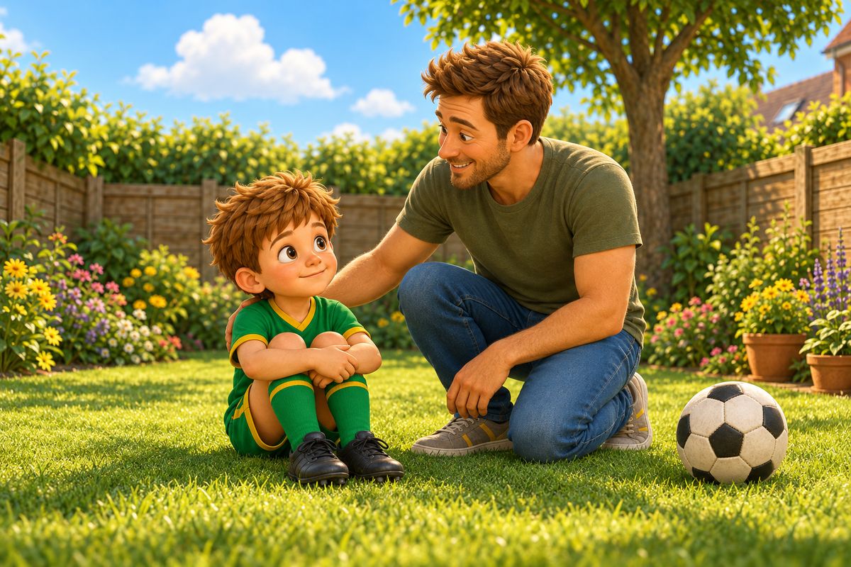 A dad kneels beside his boy who sits on the lawn hugging his knees, the ball a few steps away.