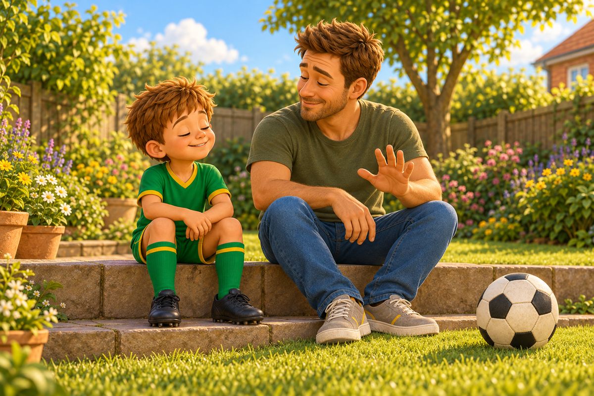 A dad and his boy sit on the garden step breathing slowly together, dad holding up an open hand to show the pace.