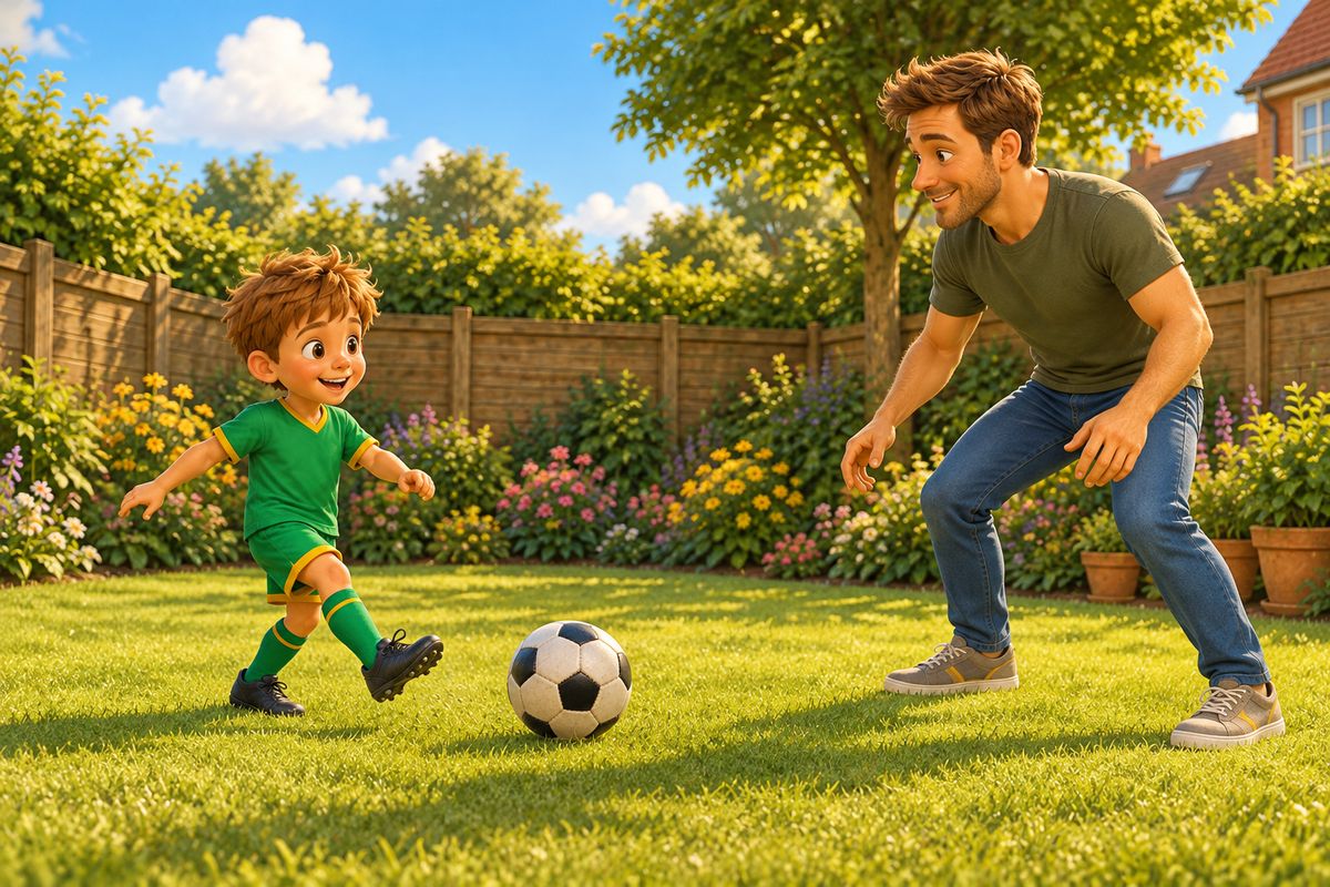 A boy and his dad play soft passing on the lawn.
