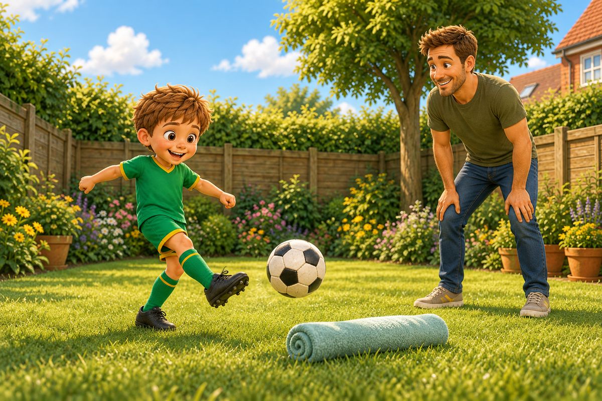 A boy mid-strike with his toe tucked under a football, the ball visibly lifting off the grass, a dad watching a short distance away in a UK garden.