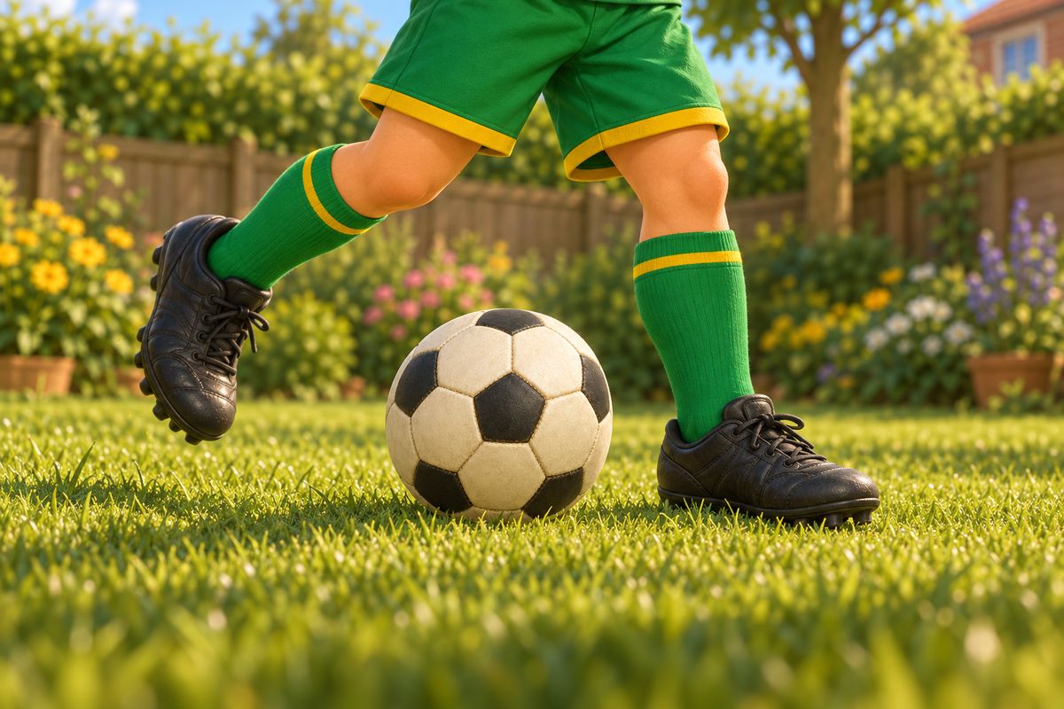 A close side-on view of a boy's foot placement beside a still football, non-kicking foot set slightly behind, just before the strike.